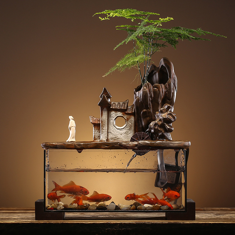 创意假山流水喷泉家居小型鱼缸摆件陶艺玄关客厅装饰乔迁开业送礼