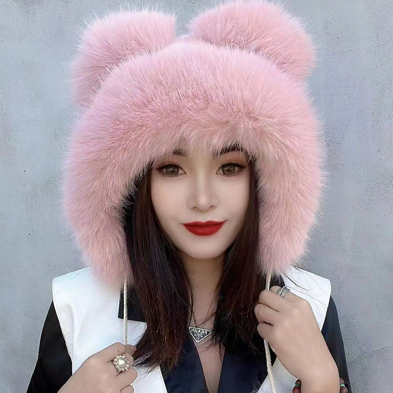 New Cute Bear Ear Cap Imitation Fox Fur Autumn and Winter Hat Female Winter Fur Hat Western Style Ski Cap Warm