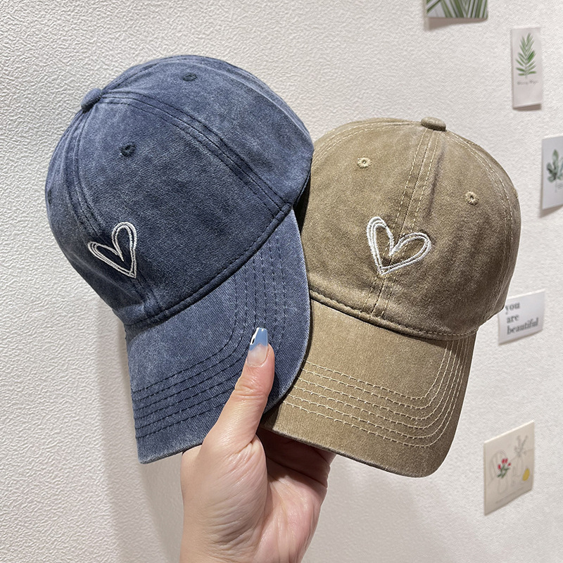 Spring and Summer Hat Women's Embroidered Peach Heart Washed Denim Baseball Cap Casual Korean Thin Couple Soft Top Duck Hat Men