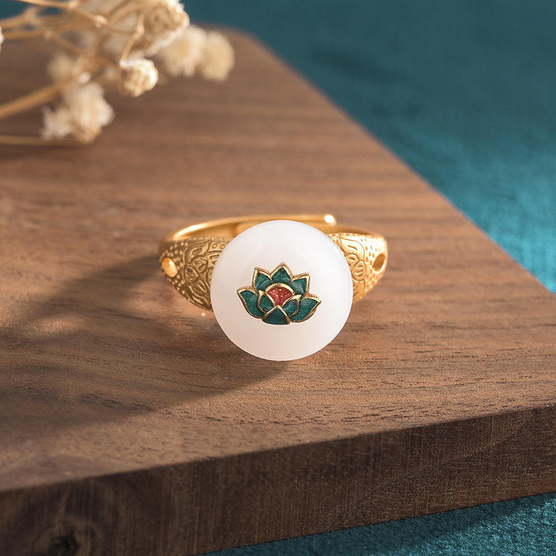 跨境热卖款莲花滴胶古风指环百搭气质复古戒指女批发开口可调节