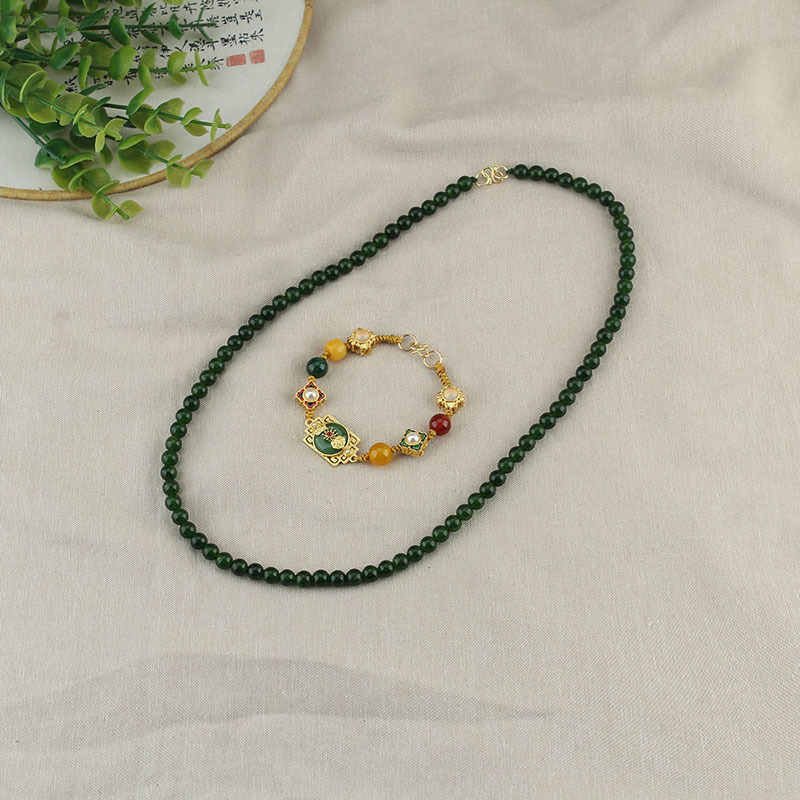 New Chinese Style French Original Design Vintage Emerald Beaded Necklace Multiple Ways to Wear Detachable Woven Bracelet for Women