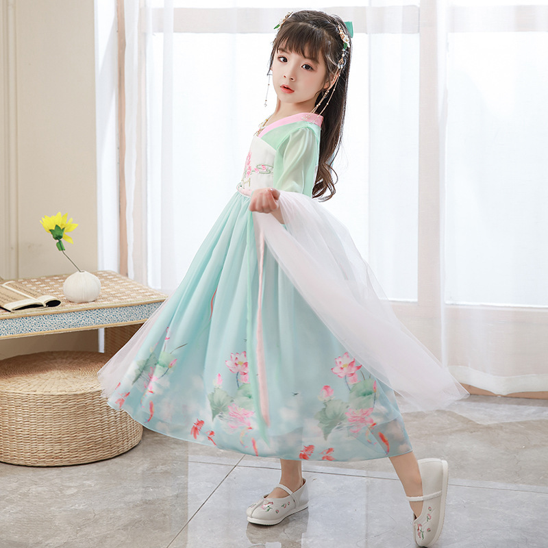 夏季清新绿雪纺小公主女童礼服中国风印花裙摆超仙汉服古装连衣裙
