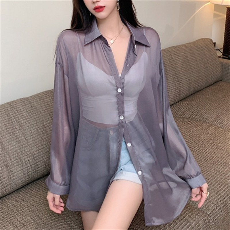 夏季新款韩版糖果色宽松bf风学生开叉系带长袖透明防晒衬衫上衣女