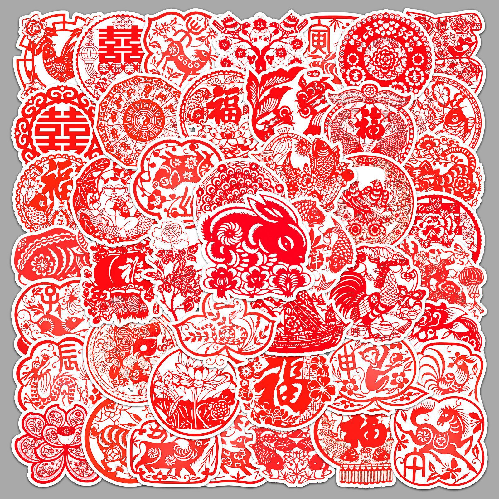 50张剪纸涂鸦贴纸个性中国风素材贴纸装饰手机壳行李箱贴纸防水