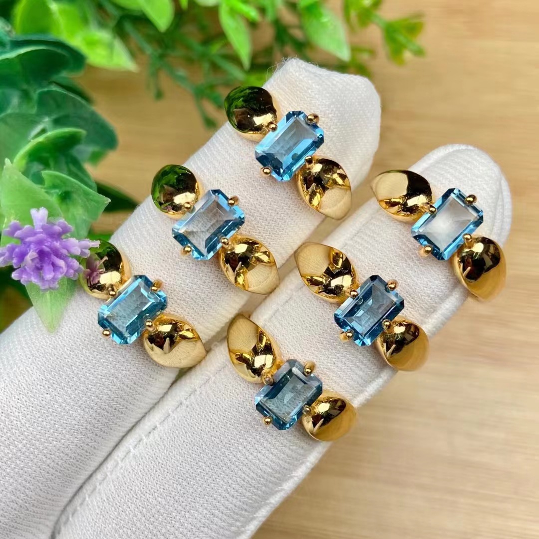 颜色蓝简洁戒指大气镶嵌女款方形s托帕石新颖款式戒925银天然瑞士