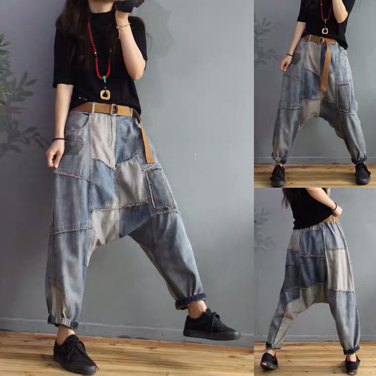 素若溪街头个性拼接牛仔垮裤女新款大码宽松做旧潮流束脚大裆长裤