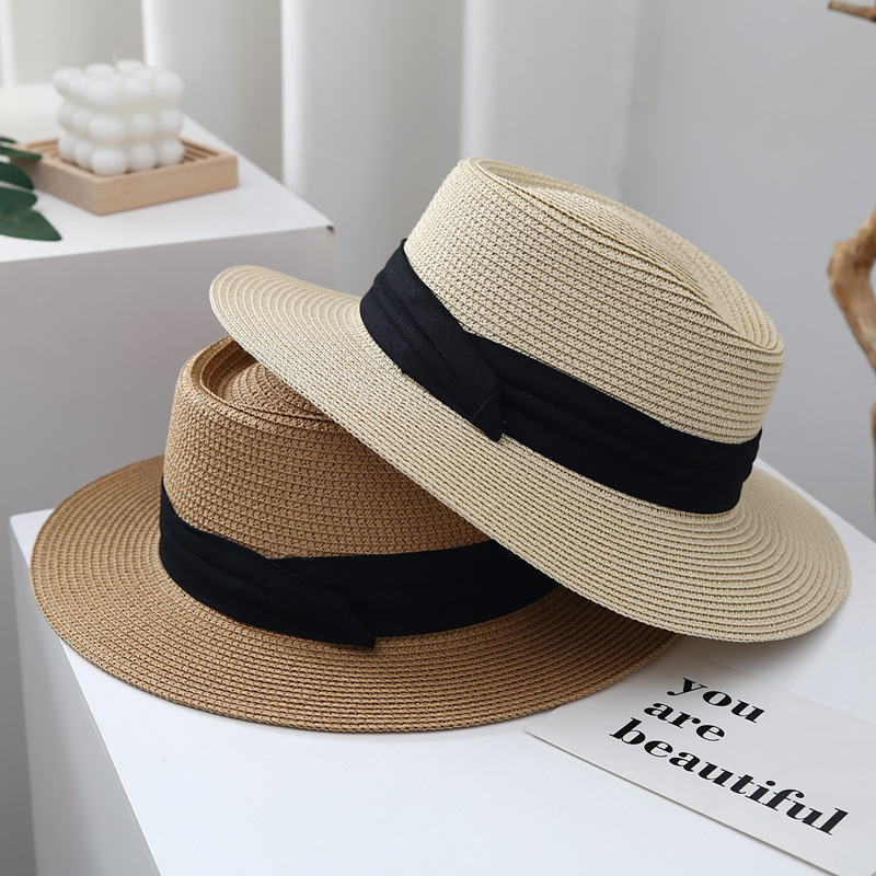 spring and summer tianhai beach flat-top cap women‘s straw sun-proof french top hat wide brim jazz british sun hat