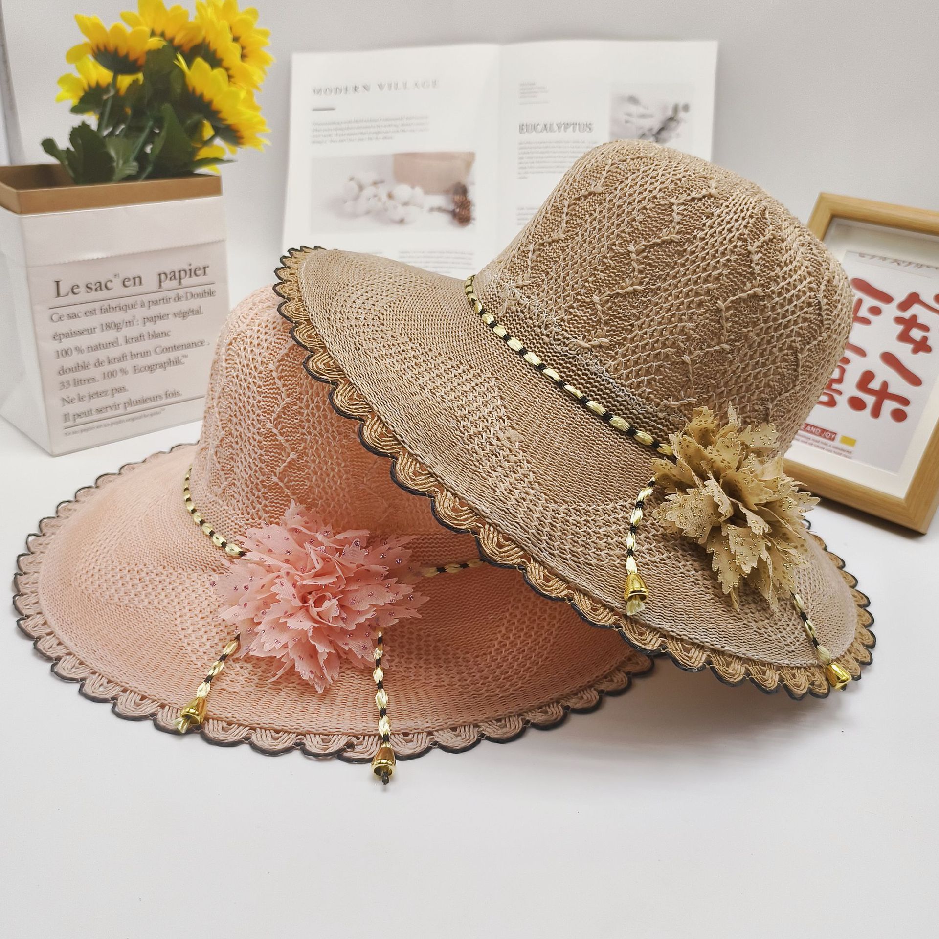 夏季新款女士大檐帽旅游花边花朵防晒遮阳帽针织透气波浪太阳帽子