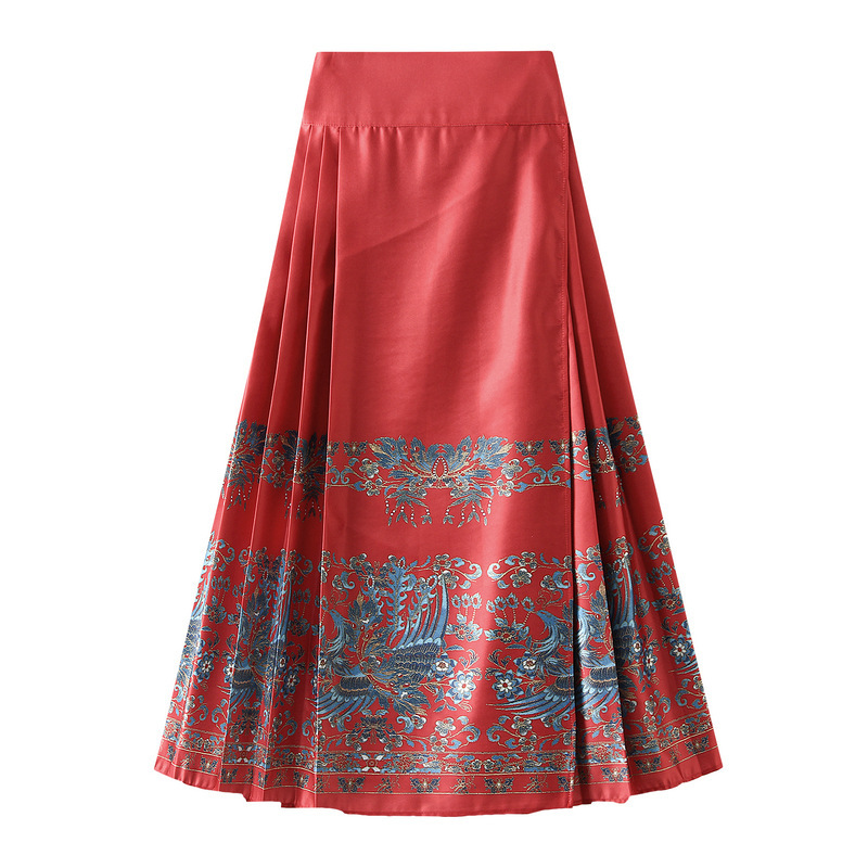 Spring 2024 Mid-Length Chinese Style Printed Pleated Stitching One Piece Horse-Face Skirt High Waist Trendy Skirt