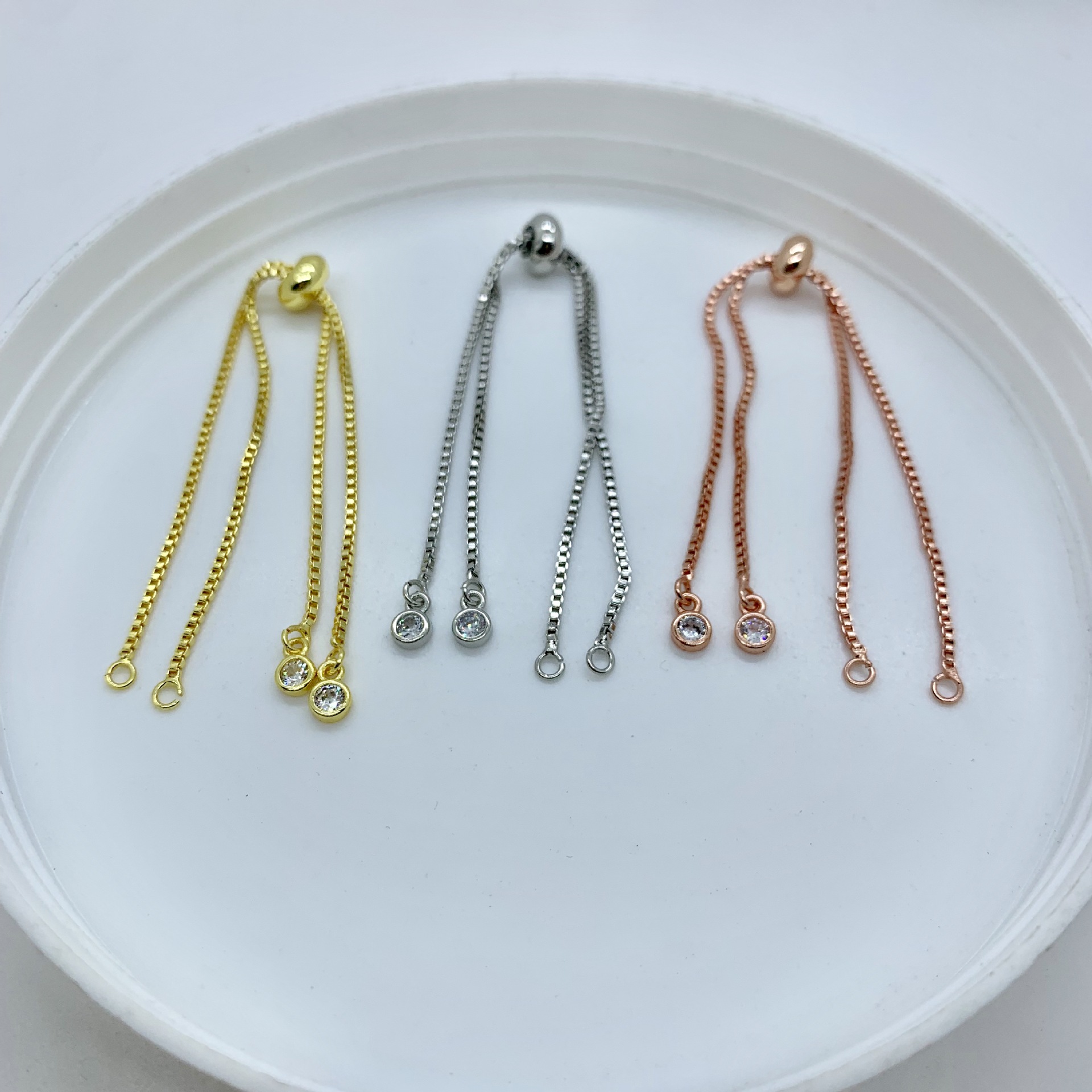 铜镀18k包金保色万能盒仔手链 白金盒子链胶珠可调节手串饰品配件