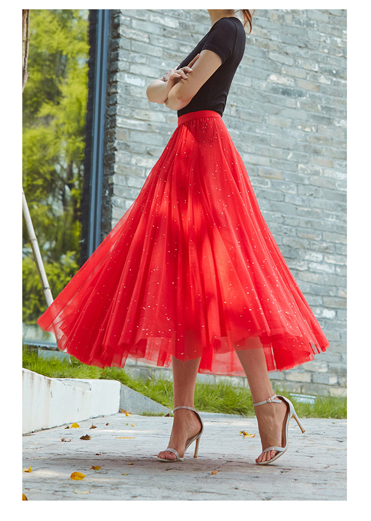 540度广场舞红色网纱半身长裙亮片烫钻舞蹈裙女显瘦a字仙女纱裙