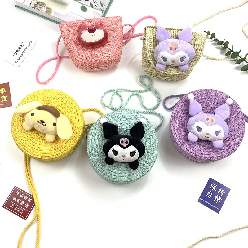 New Children's Straw Bag Cute Cartoon Big Ears Dog Children Coin Purse Crossbody Small Bag Woven Phone Bag