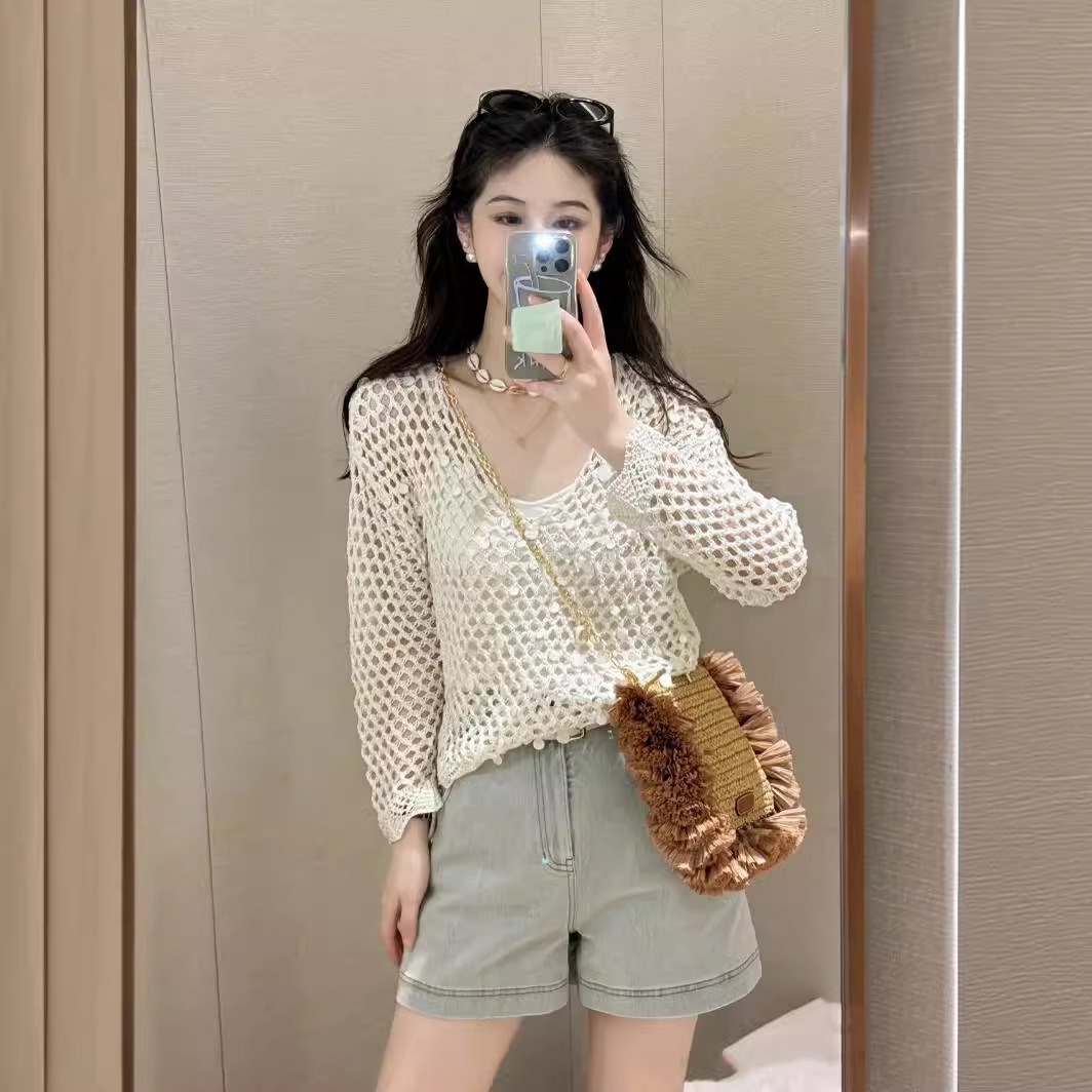 法式浪漫小众设计感镂空网状钩花亮片套头针织衫慵懒风上衣配吊带