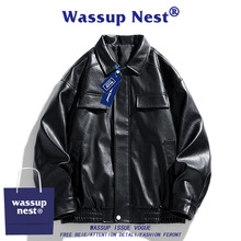 WASSUP NEST美式棒球服男款春秋季潮牌外套宽松飞行员pu皮夹克男