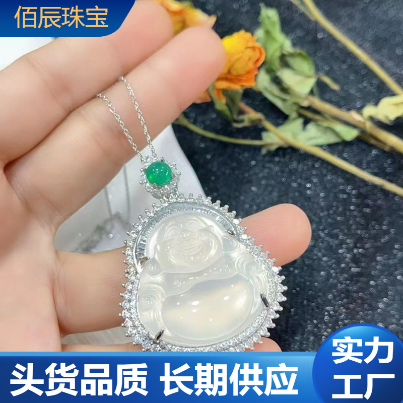 玉髓项链佛公吊坠925银镶嵌高冰白玉髓女款玉石佛挂件直播货源
