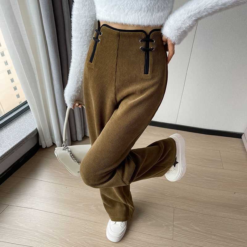 Narrow Wide-Leg Pants for Women 2023 Autumn and Winter New Fleece-Lined New Chinese Style Buckle High Waist Drooping Casual European Pants