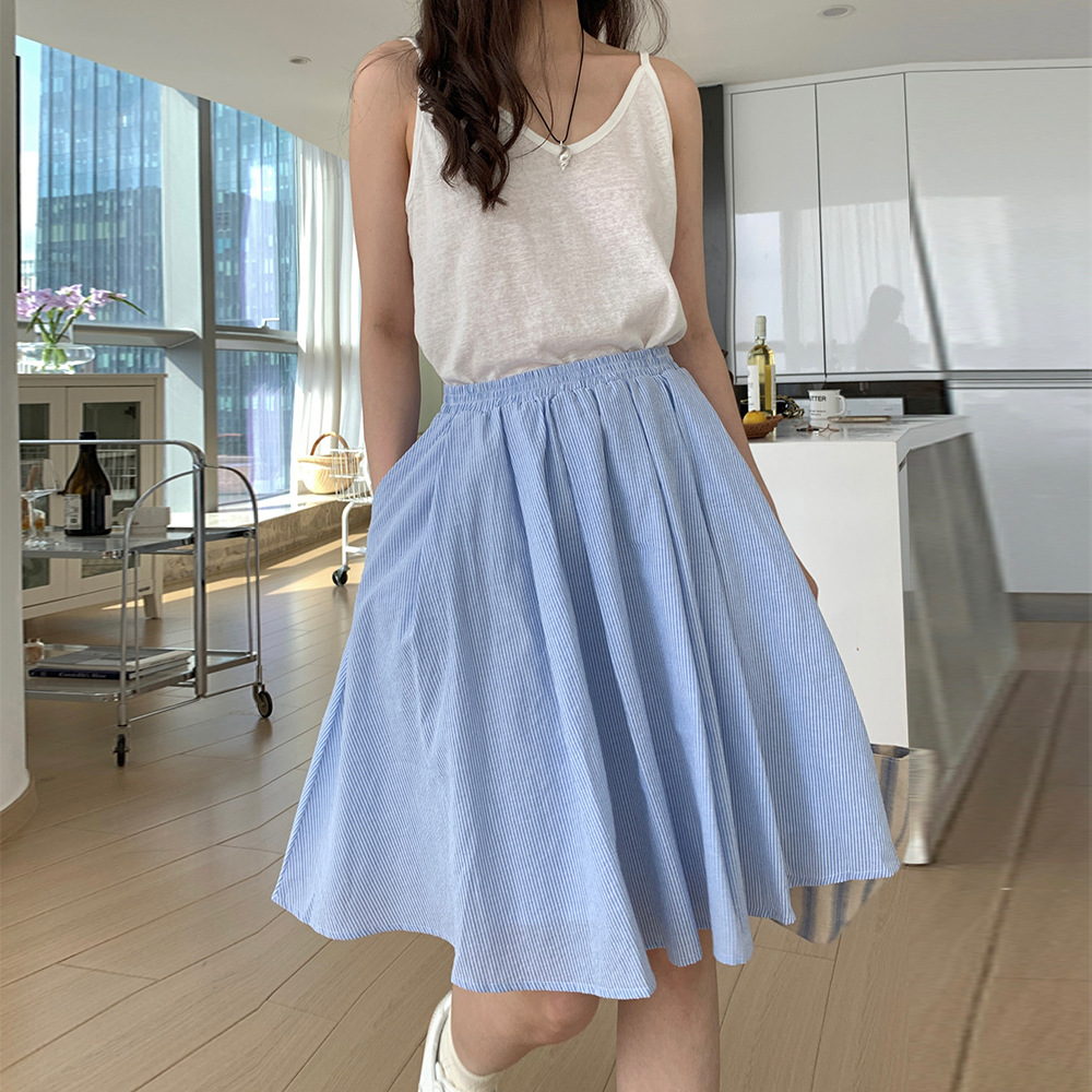 特 包邮不退换高腰浅蓝色条纹百褶裙女半身裙宽松a字裙气质中裙子