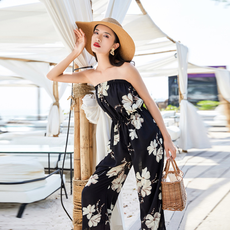 性感度假风一字肩抹胸连体裤女夏季高腰阔腿印花韩版显瘦连身长裤