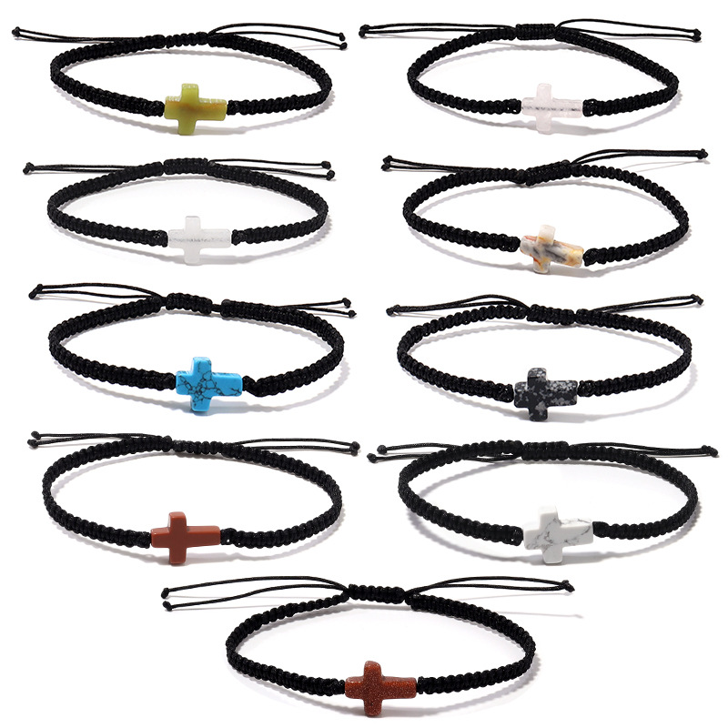 跨境直供 十字架编织手链 18 5cm白松金砂红石白玉中国结线手串