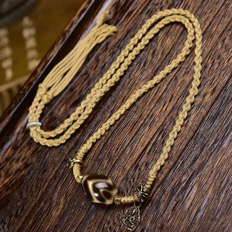 手工编织绳项链藏传六瓣莲花天珠吊坠藏式文玩复古可调节毛衣链