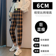 网红格子裤女2022春秋新款高腰显高显瘦垂感休闲裤宽松束脚哈伦裤