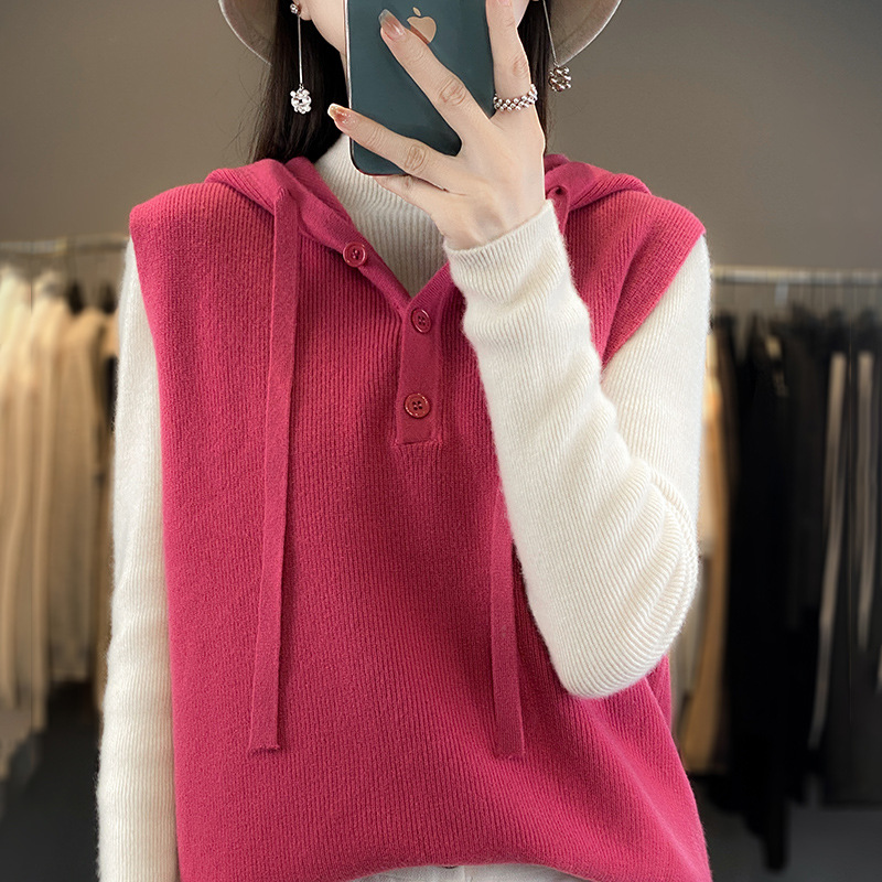 针织连帽马甲背心女春秋带帽卫衣外穿纯色无袖坎肩宽松帽衫-阿里巴巴