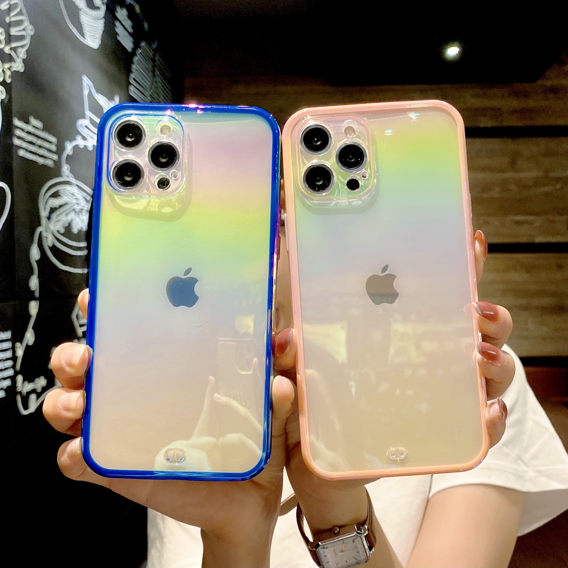 跨境透明炫彩iphone 12pro手机壳镭射适用苹果11极光精孔xr渐变13