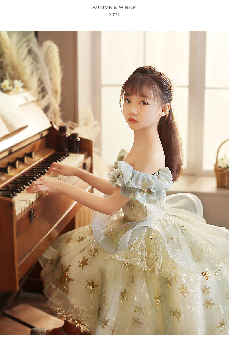 女童走秀晚礼服公主裙儿童婚纱花童主持人钢琴演奏演出服高端拖尾