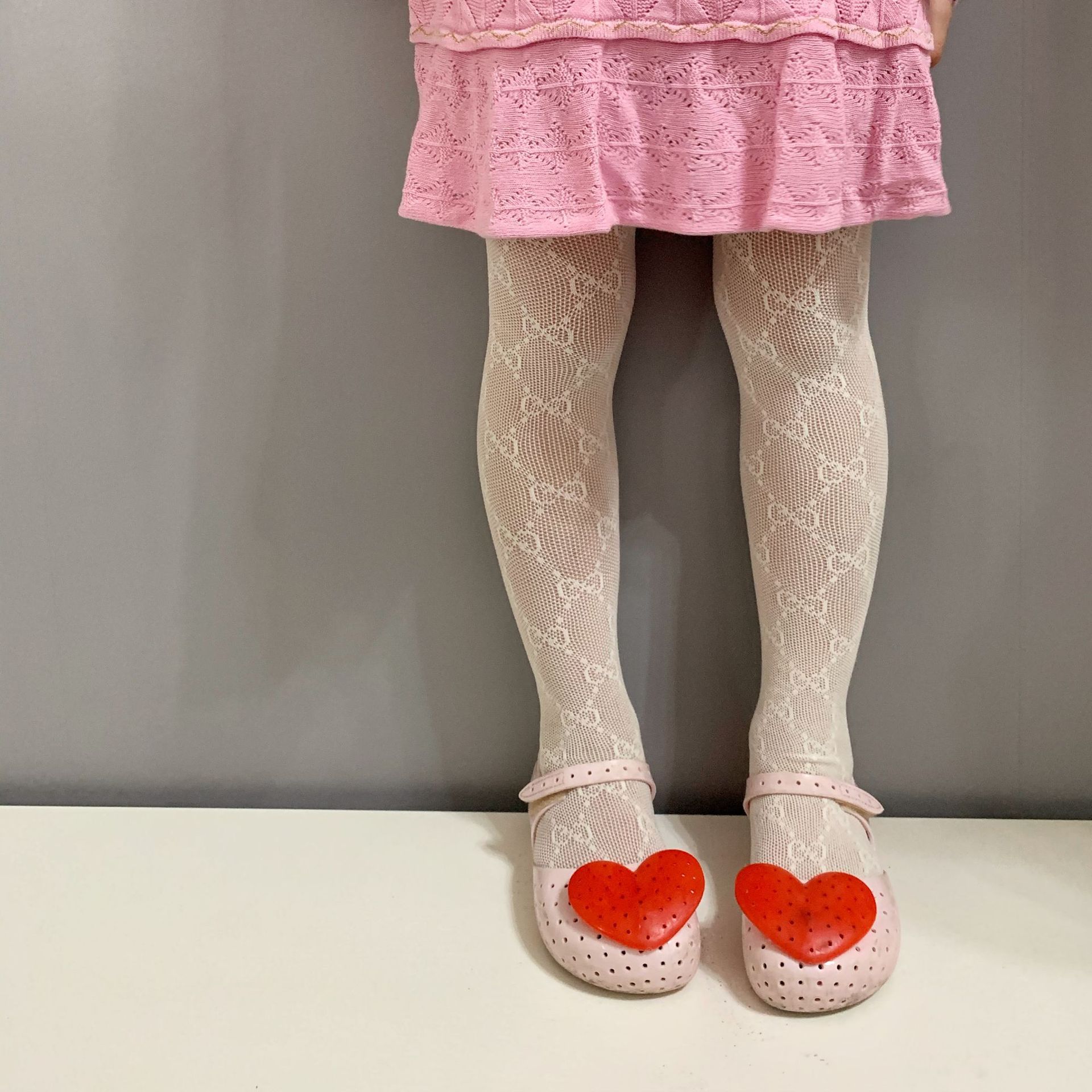 夏新款奶油色薄款镂空网眼蝴蝶结f纹儿童连裤袜 女童公主打底裤袜