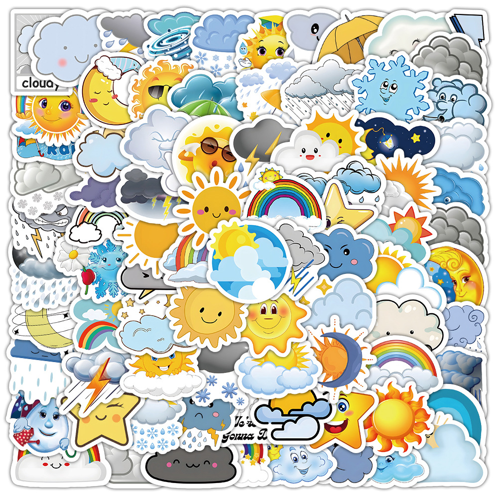 100张天气预报贴纸 可爱天气图案白云太阳彩虹装饰手机壳小贴画