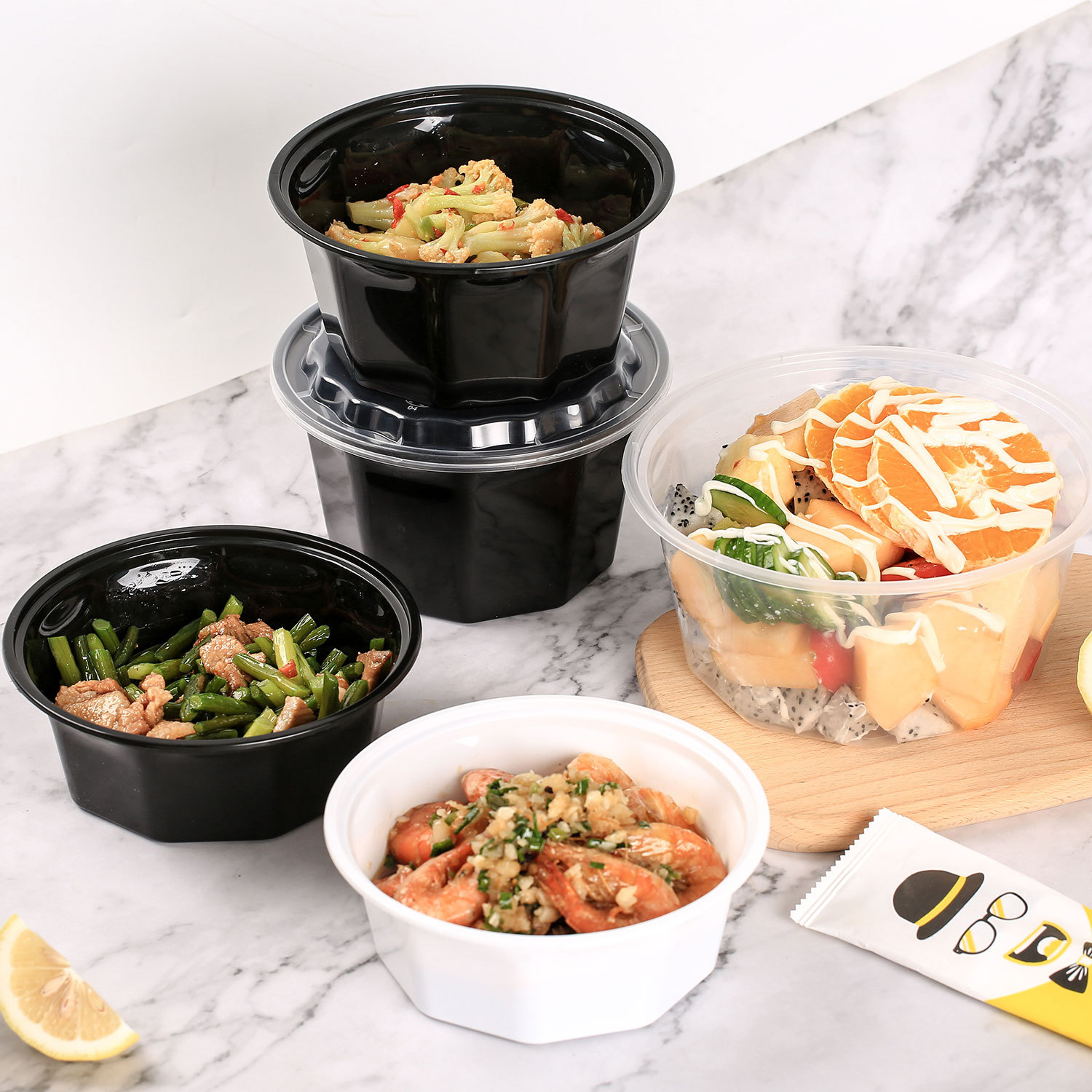 1000ml九角美式圆形一次性餐盒黑色外卖打包盒加厚快餐盒麻辣烫碗