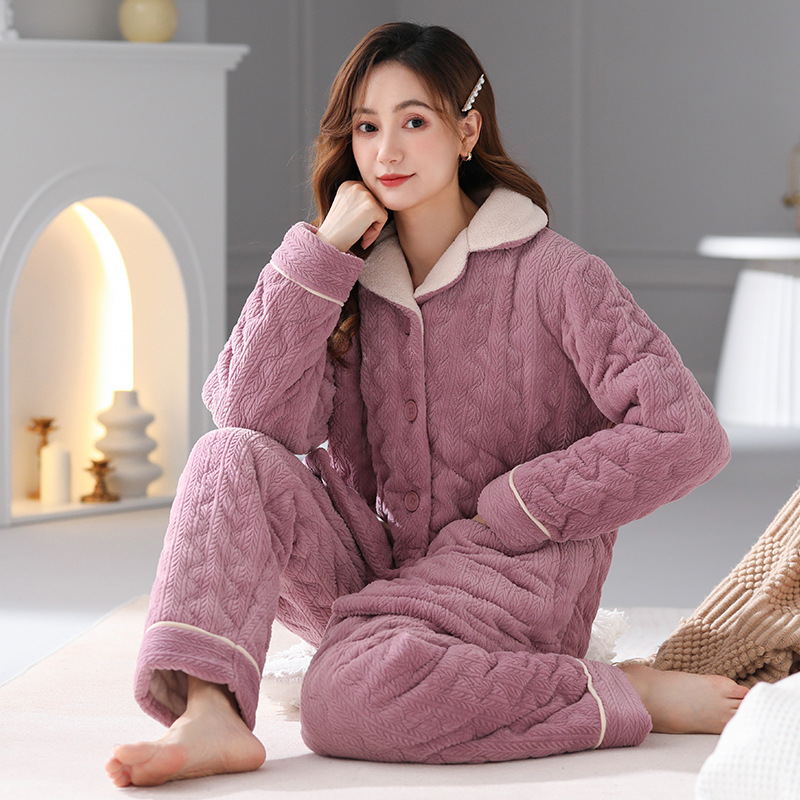 睡衣女冬季三层加厚珊瑚绒夹棉加绒保暖棉袄女秋冬款法兰绒家居服