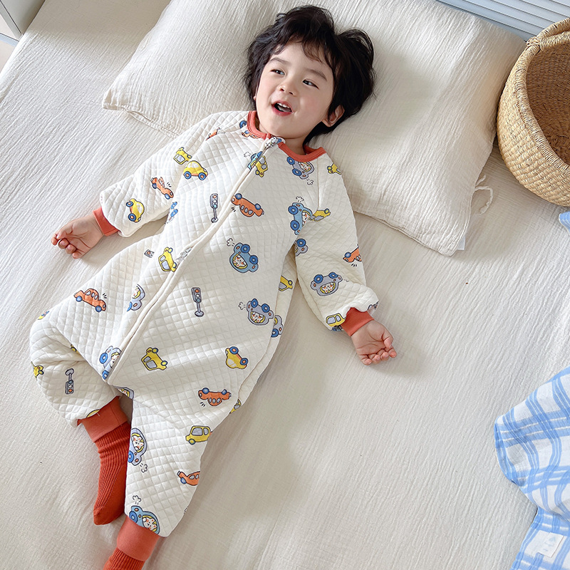 Baby Sleeping Bag Spring and Autumn Pure Cotton Baby Footed to Prevent from Being Kicked off Clip Silk Floss Children's Pajamas Winter Boys and Girls Four Seasons Universal