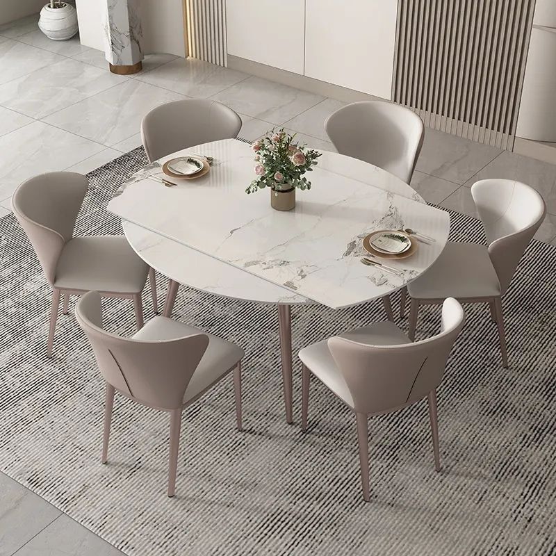 亮光岩板餐桌椅组合现代轻奢可伸缩家用小户型8/10人餐桌可变圆桌