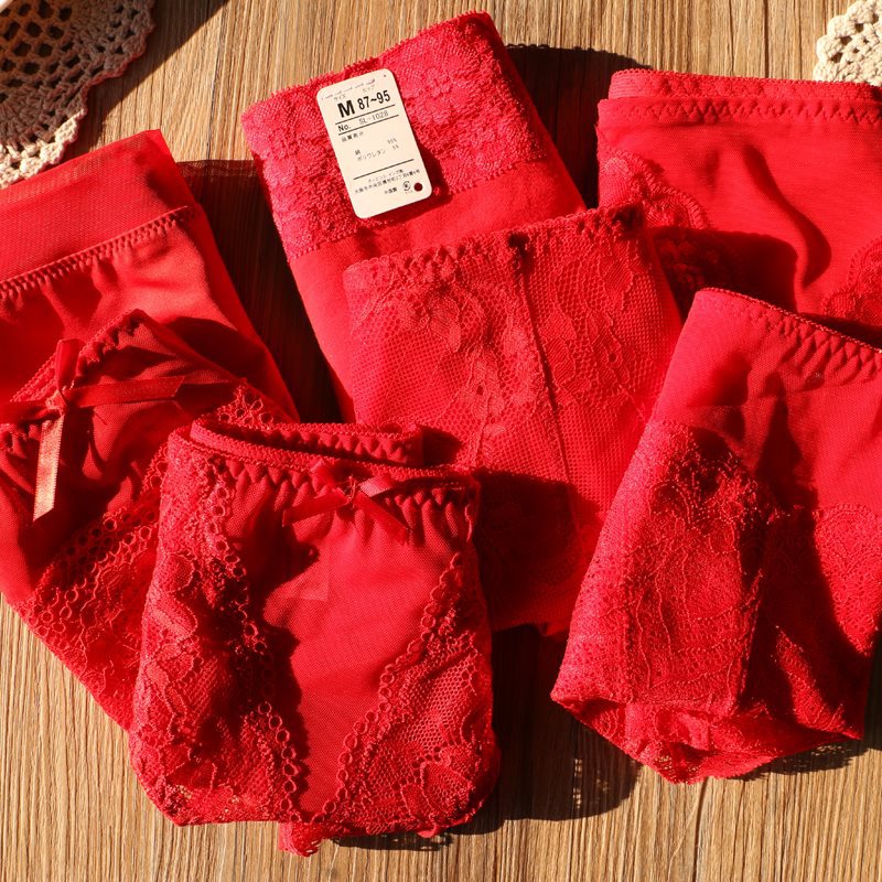 简约日系本命年红色内裤女 结婚蕾丝高腰三角裤大码胖mm无痕包臀-阿里