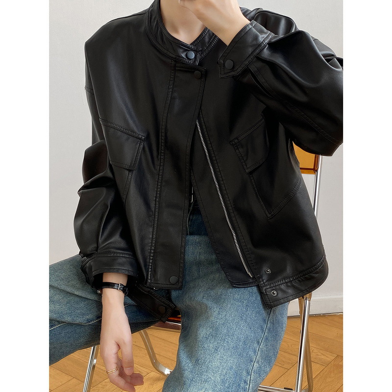 无领春秋新款小皮衣女外套短款2024年oversize欧货机车服夹克