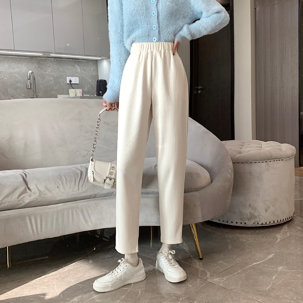 小个子九分雪尼尔奶奶裤女秋冬直筒米白色休闲灯芯加厚哈伦裤女潮