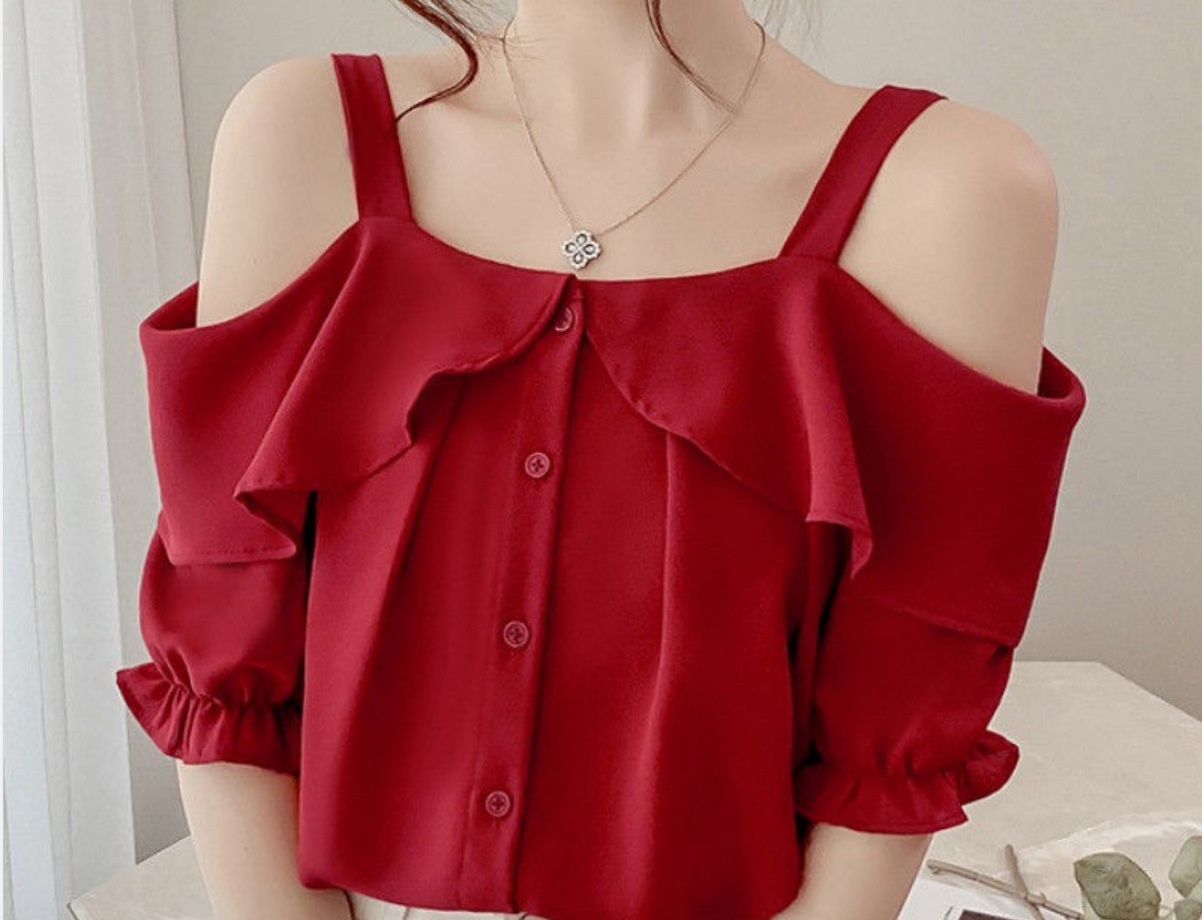 2022夏季新款一字肩白色雪纺吊带衫女荷叶边超仙甜美锁骨露肩上衣