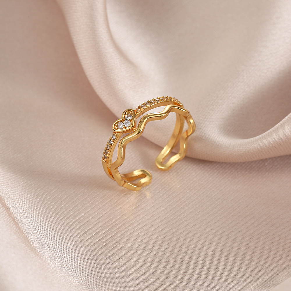 韩版创意心电图爱心戒指女铜镀18k金镶钻指环开口可