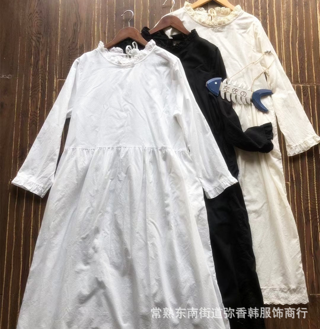 2553春装新款日系文艺气质早秋宽舒全麻荷叶袖连衣裙女-阿里巴巴