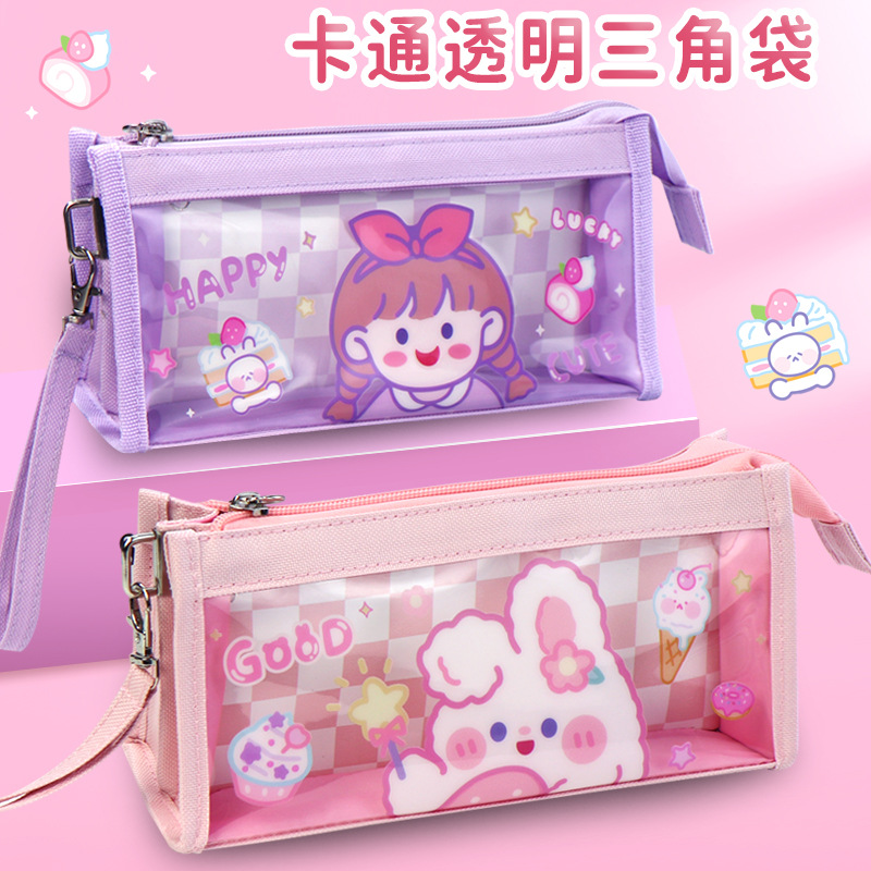 Large Capacity Japanese Style Transparent Pencil Case INS Good-looking Girl Cartoon Pencil Bag Primary and Secondary School Students Triangle Stationery Case