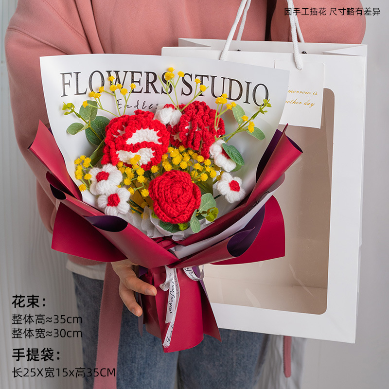 Carnation Wool Bouquet Mother's Day Hand-Woven Rose Preserved Fresh Flower Dried Flower Gift for Mother Finished Product Wholesale