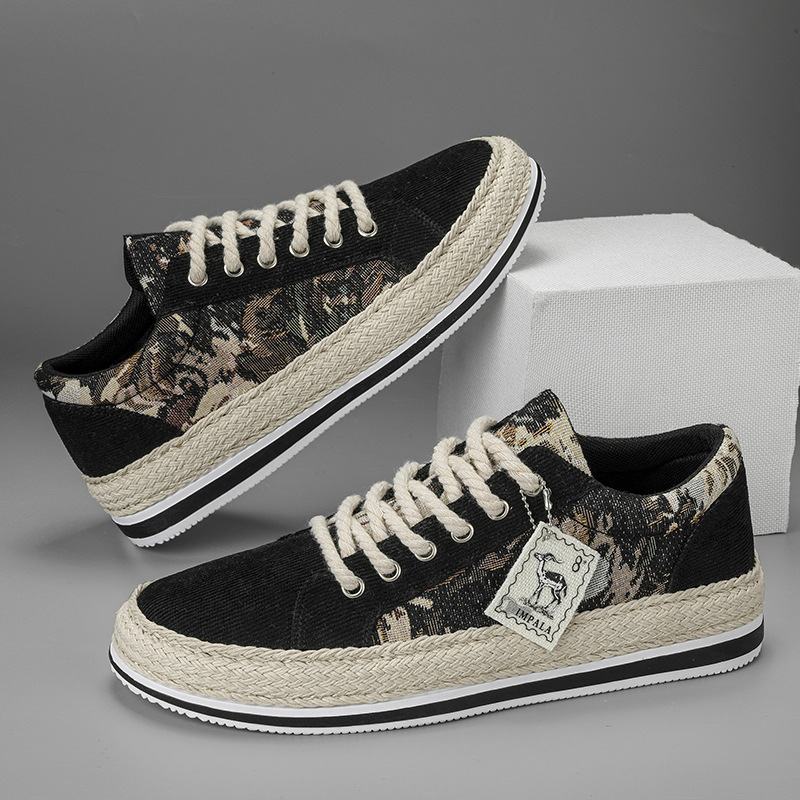 男鞋2023春季上潮流草编休闲百搭渔夫灯芯绒帆布透气运动鞋