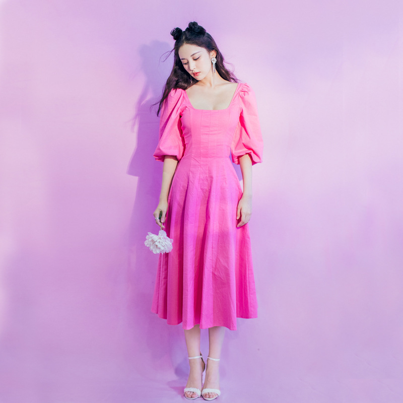 古力娜扎同款粉色泡泡袖方领连衣裙女法式复古甜美风a字初恋长裙