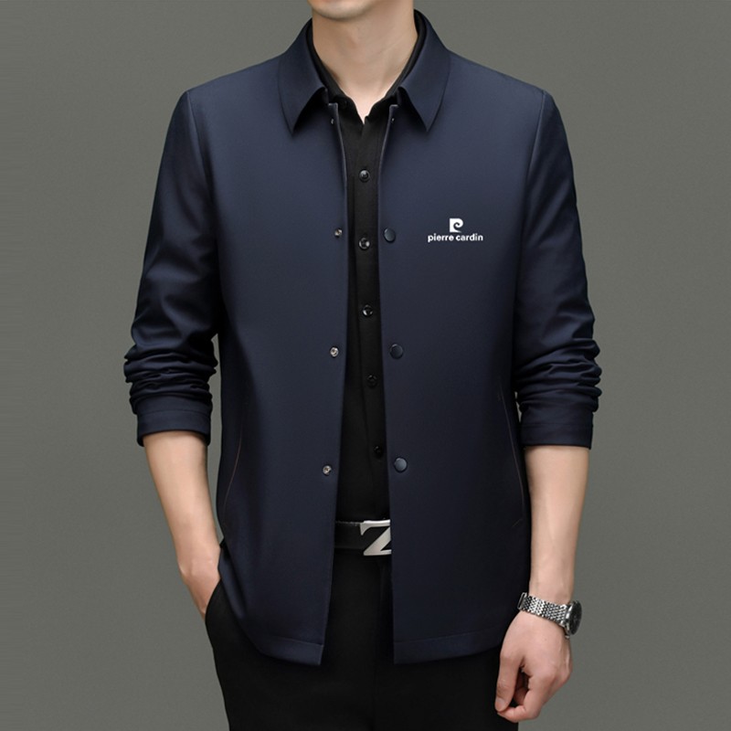 皮尔卡丹秋冬季男士商务针织行政夹克高端新款翻领外套褂子西服装