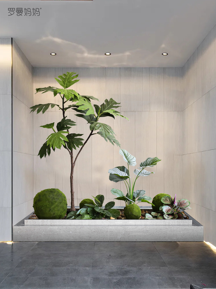 罗曼妈妈仿真植物造景面包树青苹果叶组合景观落地假绿植室内盆景