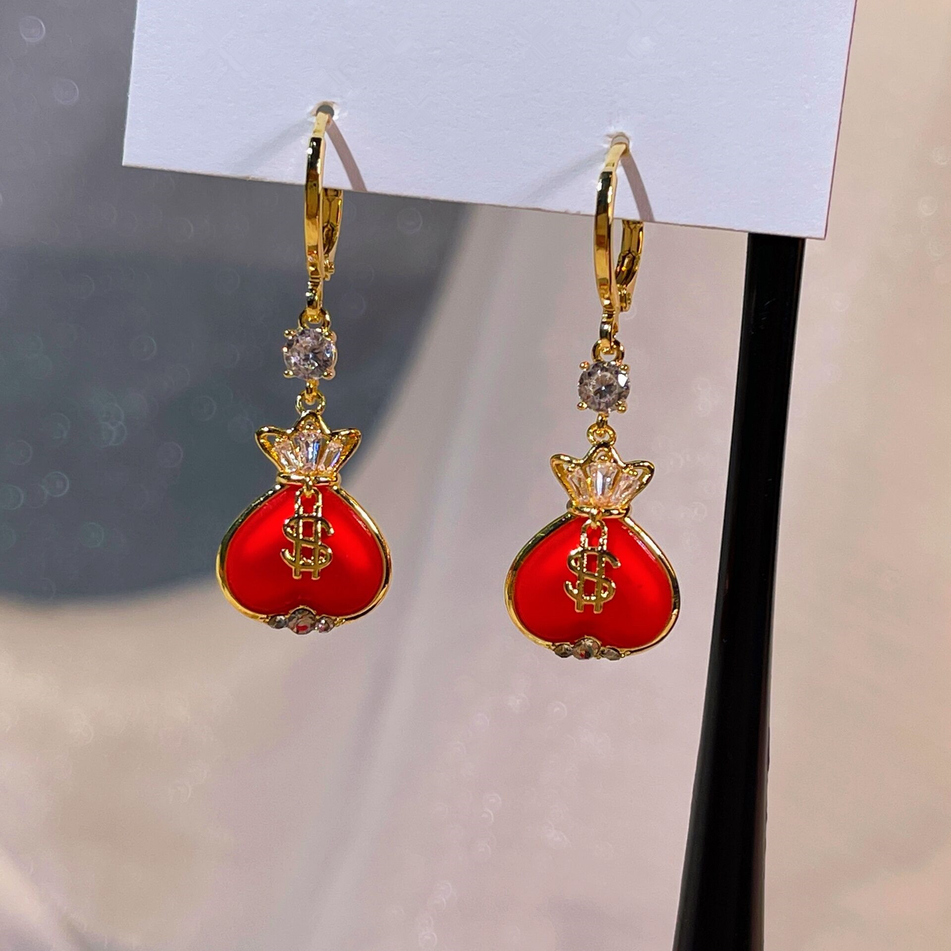 中国风新款红色新年耳饰福袋复古气质耳钉小众设计高级感福袋耳坠