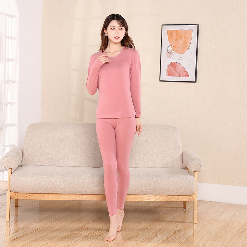 New round Neck Top Thickened, Sanded Fabric Soft Comfortable Tight Dralon Double-Sided Suit Pure Color Warm Keeping Underwear Ladies