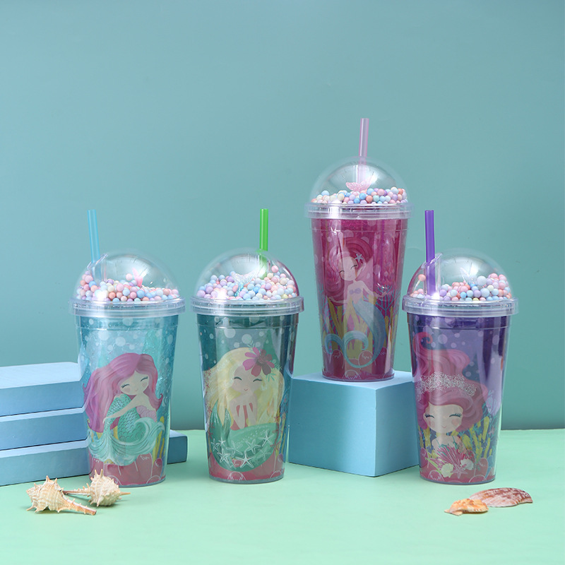 Good-looking New Mermaid Cup with Straw Summer Crushed Ice Cup Ice Cup Cute Girl Ice Cup Double-Layer Plastic Cup