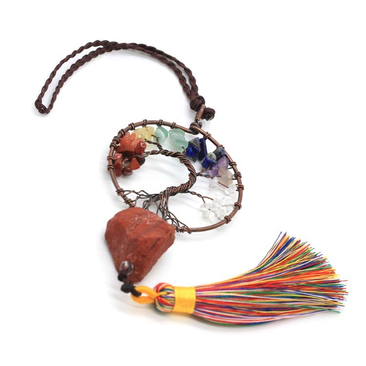 新品碎石绕线生命树圆形挂件 水晶石流苏车挂编织发财树汽车车饰